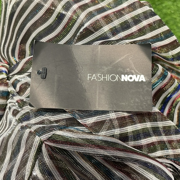 Ladies sheer mock neck bodysuit/leotard with multi colored metallic stripes. - Picture 4 of 7